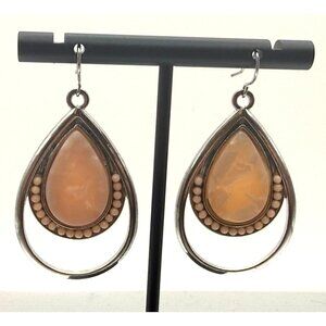 Vintage Silver Tone Teardrop Dangle Earrings Peach Stone Beaded Accent Statement